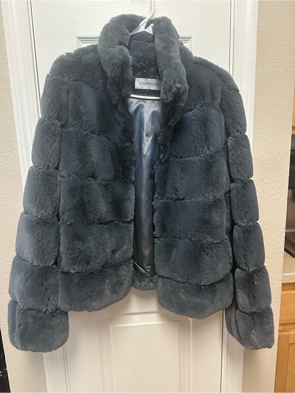 Calvin Klein Plush Faux Fur Jacket in Charcoal Gray